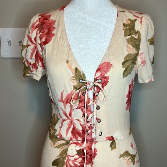 Reformation Koa Pink Floral Lace Up V Neck Short Sleeve Mini Dress New Size 2 - Picture 7 of 12